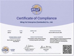 祝賀Ming Fai Enterprise (Cambodia) Co., Ltd.柬埔寨工廠2024年快速通過WRAP認(rèn)證